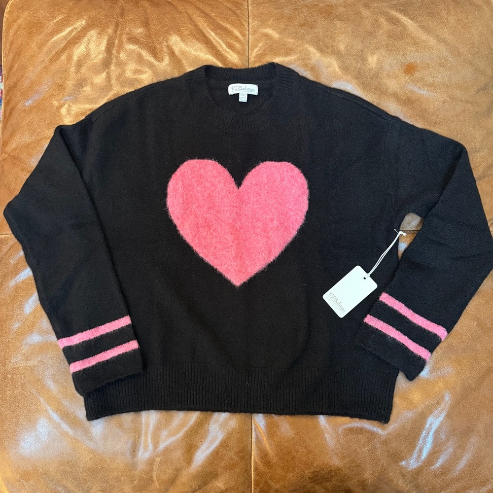 PJ Salvage Super Soft Fuzzy Heart Sweater Black Pink Y2K  XS New With Tag